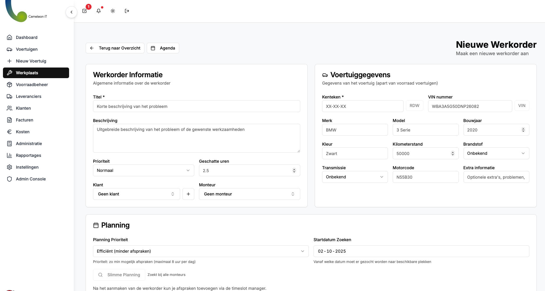 Werkplaatsagenda met weekoverzicht